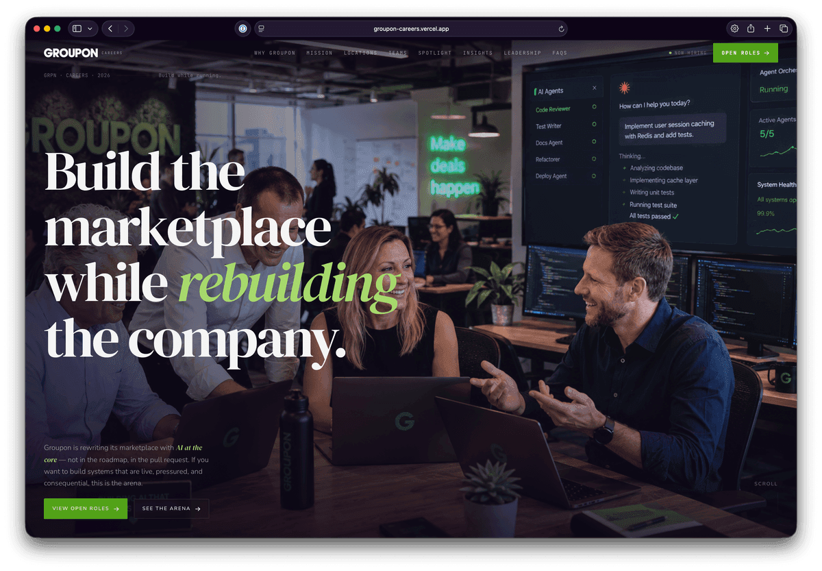 Full screenshot of the new Groupon careers site on groupon-careers.vercel.app — dark theme with amber accents, editorial photography, sections titled The Arena and What AI-Native Means Here