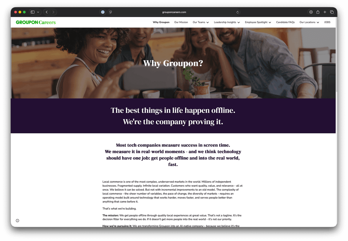 Full screenshot of the old Groupon careers site on grouponcareers.com — generic corporate layout with blue and white color scheme, stock photography, centered Join Our Team messaging